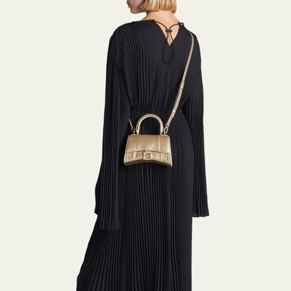 Balenciaga Hourglass XS Metallic Croc-Embossed Top-Handle Bag in Light Gold - Picture 3 of 11